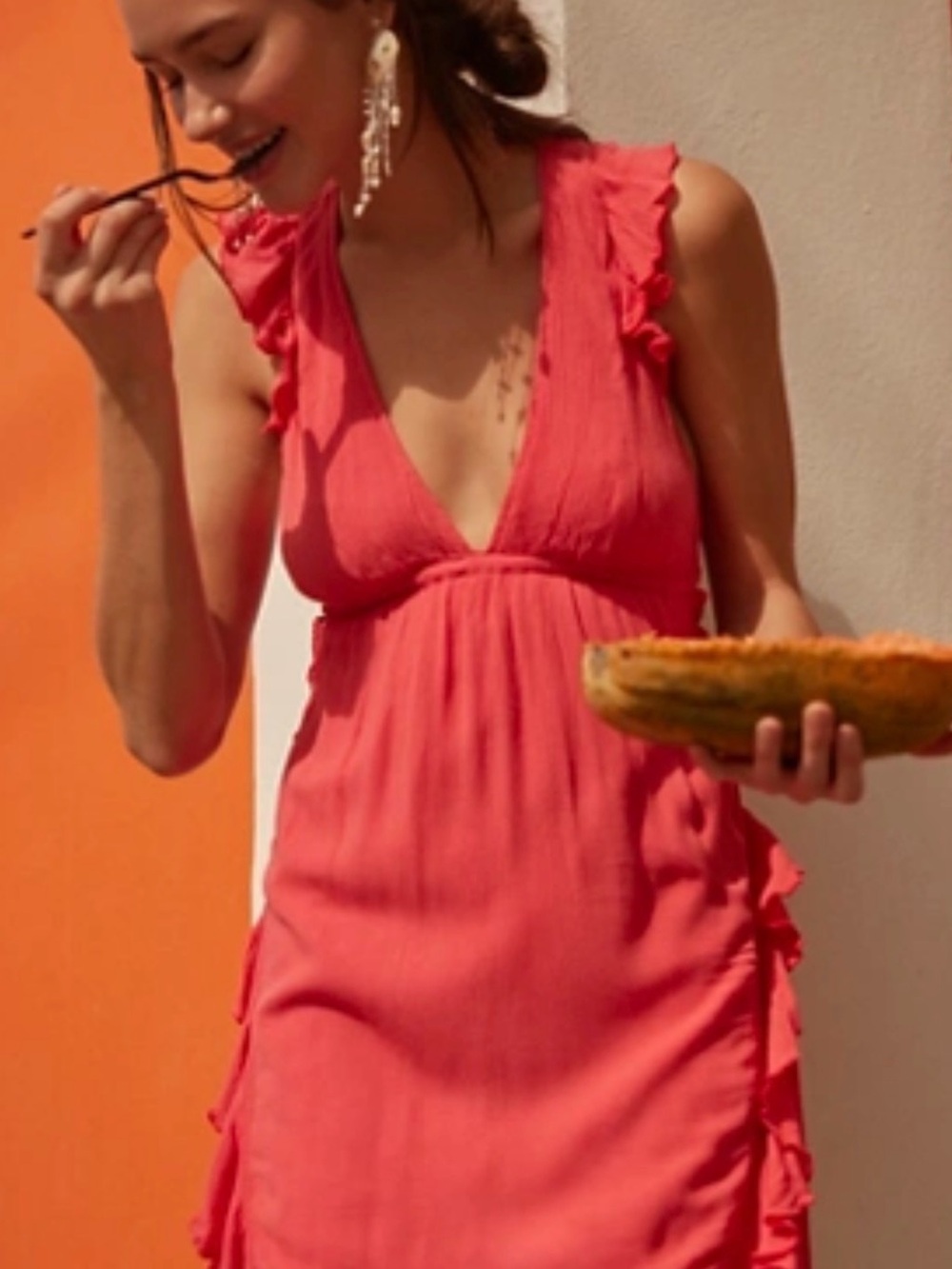 Free People Coral V-Neck Ruffle Mini Dress